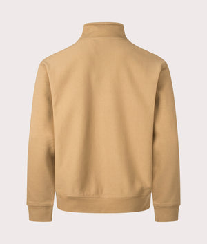 Carhartt WIP Relaxed Fit Half Zip American Script Sweatshirt in Peanut Brown. EQVVS Back Shoot.