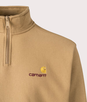 Carhartt WIP Relaxed Fit Half Zip American Script Sweatshirt in Peanut Brown. EQVVS Detail Shoot.