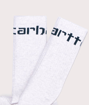 Carhartt Logo Socks in Ash Heather with Duck Blue Carhartt branding. Detail shot at EQVVS