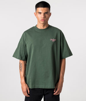 Signature Script T-Shirt in Sycamore Green by Carhartt WIP. Shot at EQVVS. Front shot. 