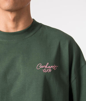 Signature Script T-Shirt in Sycamore Green by Carhartt WIP. Shot at EQVVS. Detail shot. 