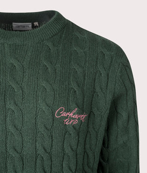 Carhartt Signature Knitted Sweatshirt in Sycamore Tree/ Dusty Rose, 80% Lambswool. Logo detail shot. 