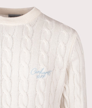 Carhartt WIP Signature Knitted Sweater in Natural/Dusty Ice, 80% Lambswool at EQVVS. Detailed emmbroidery shot. 