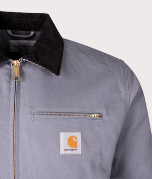 Carhartt WIP Detroit Jacket Hamilton in Dove Grey with Black Corduroy Collar. Detail Shot EQVVS. 