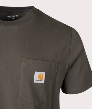 Carhartt WIP Pocket T-shirt in Mirage, 100% Cotton at EQVVS. Detailed logo shot. 