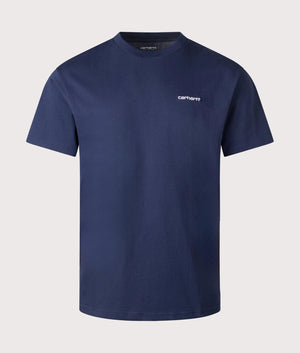 Carhartt WIP S/S Script Embroidery T-Shirt in Air Force Blue. EQVVS Front Shot.