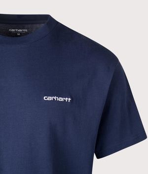 Carhartt WIP S/S Script Embroidery T-Shirt in Air Force Blue. EQVVS Detail Shot.