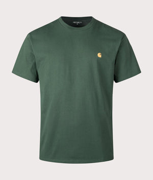 Carhartt WIP Relaxed Fit Chase T-Shirt in Sycamore Tree/Gold. Front angle shot at EQVVS.