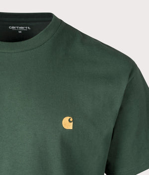 Carhartt WIP Relaxed Fit Chase T-Shirt in Sycamore Tree/Gold. Detail angle shot at EQVVS.