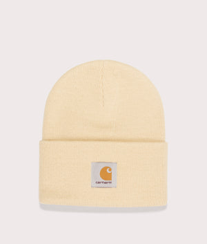 Carhartt WIP Acrylic Watch Hat in Cornsilk. Shot at EQVVS. Front logo shot 