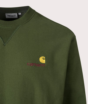 Carhartt Relaxed Fit American Script Sweatshirt at EQVVS. Detailed logo shot. 