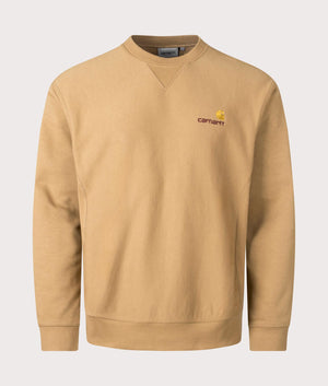 Carharrt WIP Relaxed Fit American Script Sweatshirt in 2FSXX Peanut. At EQVVS Menswear. Front detail shot