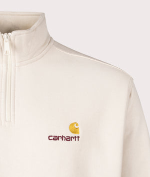 Carhartt WIP Relaxed Fit Half Zip American Script Sweatshirt in Moonbeam White. EQVVS Detail Shoot.