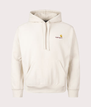 Carhartt WIP Hooded American Script Sweatshirt in Moonbeam at EQVVS. Front Shot. 