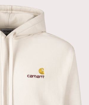 Carhartt WIP Hooded American Script Sweatshirt in Moonbeam at EQVVS. Detailed Logo Shot. 