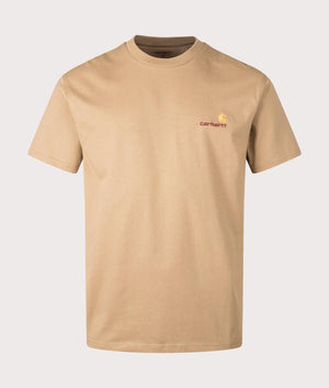 Carhartt WIP Relaxed Fit American Script T-Shirt in Peanut. Front angle shot at EQVVS.