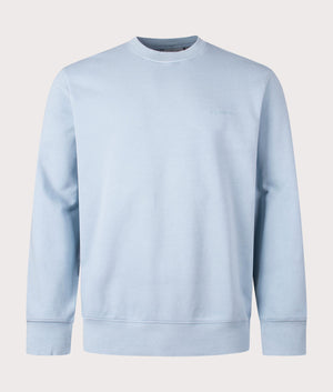 Carhartt WIP Relaxed Fit Duster Script Sweatshirt in Misty Sky. Front angle shot at EQVVS.