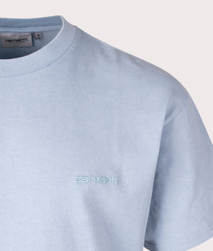 Relaxed Fit Duster Script T-Shirt in Misty Sky by Carhartt WIP. EQVVS Detail Shot.