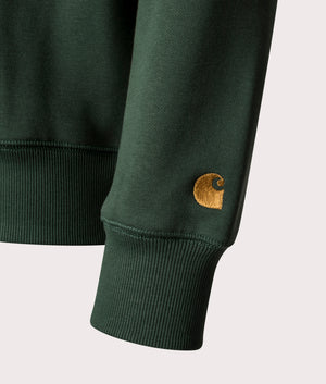 Carhartt WIP Chase Sweatshirt in Sycamore Tree/Gold. Detail angle shot at EQVVS.