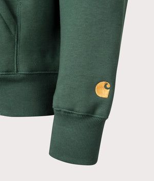 Carhartt WIP Chase Hoodie in Sycamore Tree/Gold. Detail angle shot at EQVVS.