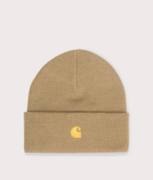 Carhartt WIP Chase Beanie in Peanut/Gold. Shot at EQVVS. Front logo shot