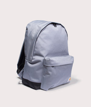 Carhartt WIP Jake Recycled Backpack in Dove grey. Angle shot at EQVVS