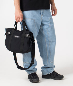 Carhartt WIP Medium Kayton Bag in Black. Front angle model shot at EQVVS.