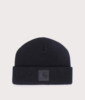  Carhartt WIP Dawson Beanie in Black. Shot at EQVVS. Front logo shot 