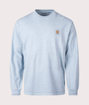 Carhartt WIP Relaxed Fit Long Sleeved Vista T-Shirt in Dusty Ice Blue, 100% Jersey Cotton. Front Shot at EQVVS.