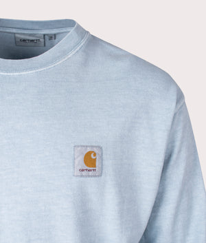 Carhartt WIP Relaxed Fit Long Sleeved Vista T-Shirt in Dusty Ice Blue, 100% Jersey Cotton. Detail Shot at EQVVS.