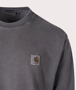 Carhartt WIP Relaxed Fit Long Sleeved Vista T-Shirt in Graphite Grey, 100% Jersey Cotton. Detail Shot at EQVVS.