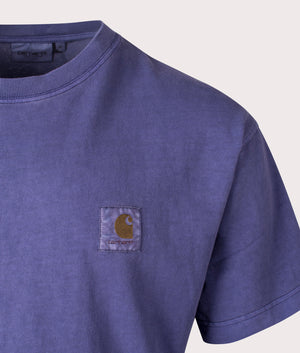 Carhartt WIP Relaxed Fit Vista T-Shirt in Aura Blue, 100% Cotton. Detail Shot at EQVVS.