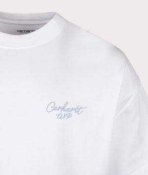 Carhartt WIP Signature Script T-Shirt in white. Shot at EQVVS. Detail shot. 