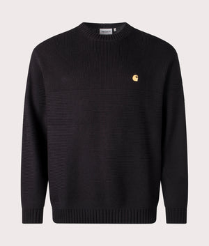 Carharrt WIP Chane Jumper in Black/Gold, 100% Cotton. At EQVVS Menswear. Front detail shot.