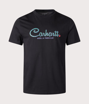 Carhartt WIP Paradise Script T-Shirt in Black. Front angle shot at EQVVS.