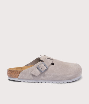 Birkenstock Boston Suede Leather Clogs in Stone Coin at EQVVS. Side shot. 