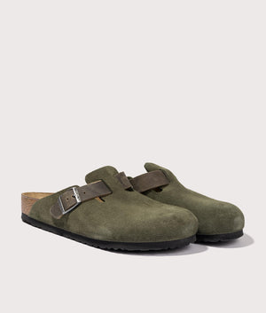 Birkenstock Boston Mixed Leather Clogs in Thyme, Natural Leather. At EQVVS Menswear. Front right angle shot