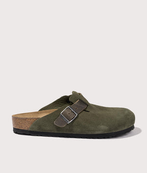 Birkenstock Boston Mixed Leather Clogs in Thyme, Natural Leather. At EQVVS Menswear. Outside right shot