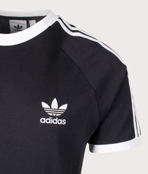 Adidas Originals Slim Fit Adicolor Classics 3-Stripes T-Shirt in Black. Shot at EQVVS. Front logo detail shot