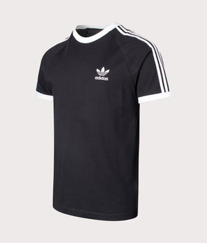 Adidas Originals Slim Fit Adicolor Classics 3-Stripes T-Shirt in Black. Shot at EQVVS. Front angle detail shot