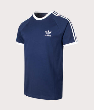 Adidas Originals Slim Fit Adicolor Classics 3-Stripes T-Shirt in Night Indigo. Shot at EQVVS. Front angle detail shot