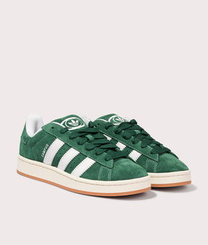 Adidas Campus 00s trainers in Dark Green/Footwear White/Off White. Pair side shot. 