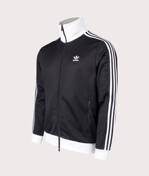 Adidas Originals Slim Fit Adicolor Classics Beckenbauer Track Top in Black/White. Shot at EQVVS. Front angle shot 