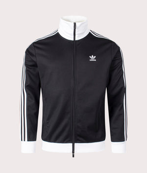 Adidas Originals Slim Fit Adicolor Classics Beckenbauer Track Top in Black/White. Shot at EQVVS. Front detail shot 