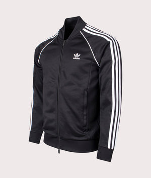 Adidas Originals Slim Fit Adicolor Classics SST Track Top in Black/White. Shot at EQVVS.  Front angle detail shot