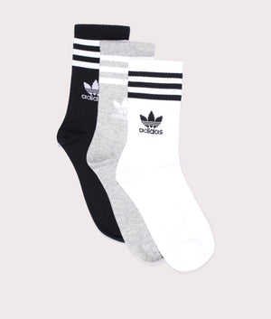 adidas Originals 3 stripe crew socks in White/Medium Grey/Black at EQVVS. Flat layered shot. 