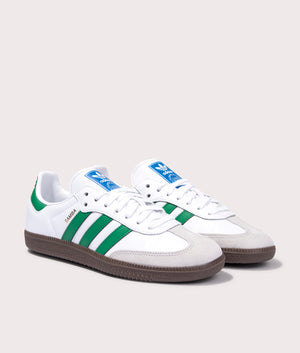 adidas Originals Samba OG Trainers  in Footwear White/Green/Gum 5 colourway, leather and suede upper at EQVVS. Front pair shot. 