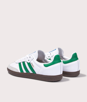 adidas Originals Samba OG Trainers  in Footwear White/Green/Gum 5 colourway, leather and suede upper at EQVVS. Back Shot. 