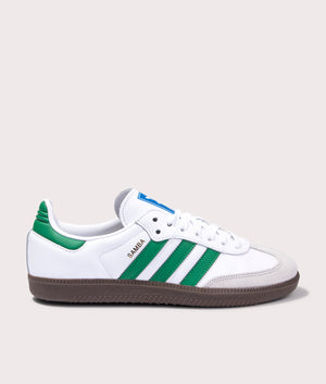 adidas Originals Samba OG Trainers  in Footwear White/Green/Gum 5 colourway, leather and suede upper at EQVVS. Side single shot. 