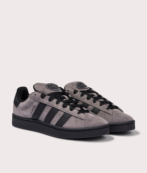 adidas Originals Campus 00s trainers in Charcoal/Core Black/Charcoal, leather and suede at EQVVS. Front pair shot. 